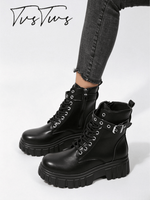 Dark Rock Punk Fashion Boots Round Toe Black Lace-Up Wedge Heel Thick Sole Buckle Chain Knight Boots Women's Ankle Boots And Ankle Boots