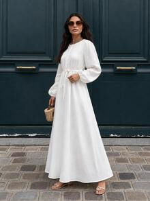 Women's Solid Yellow Belted Maxi Dress, Long Sleeve Flowy A-Line Dress With Tie Waist - White - View 6