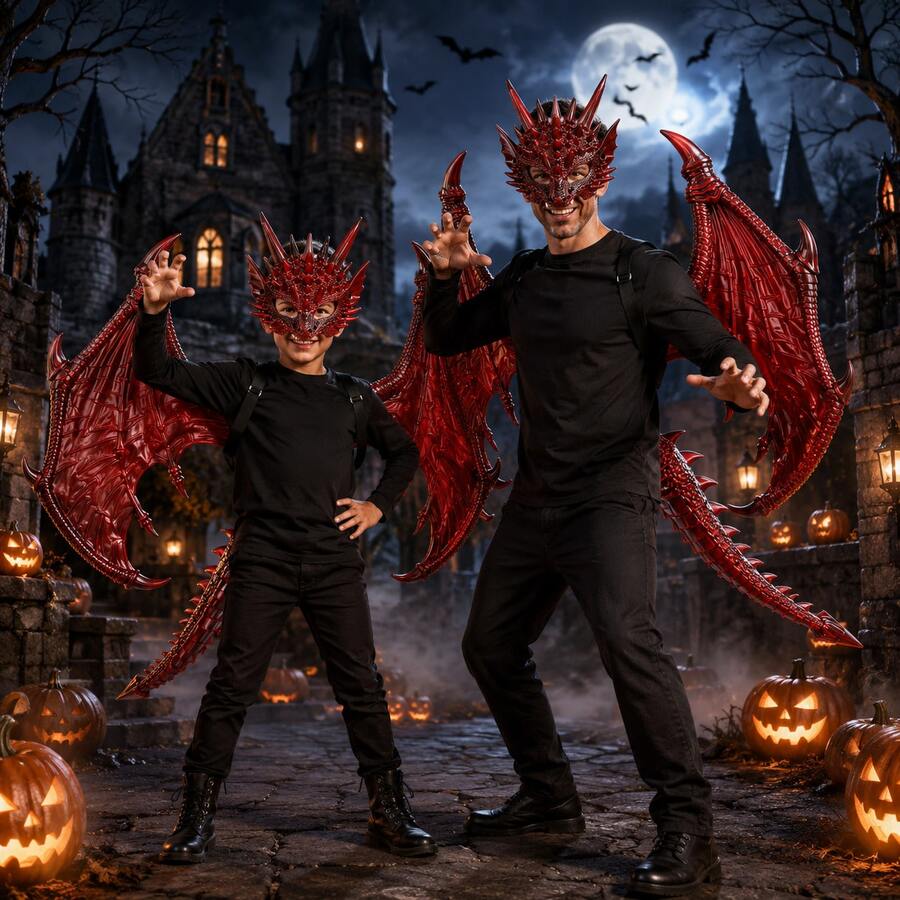 Fantasy-drakcosplay-rekvisitset, röd texturerad mask och vingkostymdelar, justerbart fäste för stabil användning, iögonfallande festtillbehörskit, mångsidiga utklädningsrekvisita för Halloween-evenemang och karnevalstillfällen - Multifärgad - Visa 1