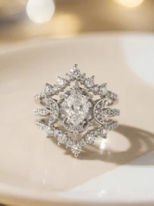 復古天體太陽與月亮 CZ 訂婚戒指套組，3 件裝 Art Deco 梨形光環新娘套戒，立方鋯石可疊戴女款戒指 - 銀色1 - 查看 5