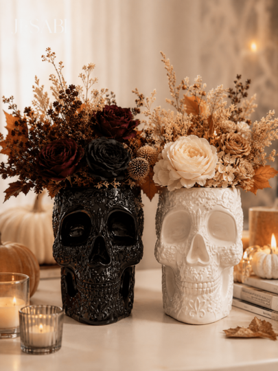 1pc Embossed Floral Skull Vase, Sugar Skull Flower Pot In Black & White, Gothic Halloween Table Centerpiece, Decorative Skeleton Vase For Dried Fresh Flowers, Spooky Home Shelf Decor For Party Holiday