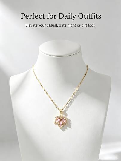 Pink Maple Leaf Pendant Necklace, Gold-Plated Polished Cubic Zirconia Exquisite Leaf Charm, Fashionable Women's Jewelry Gift