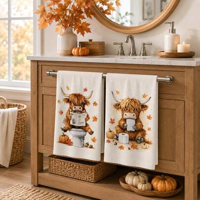 2/4/6pcs Highland Cow Autumn Theme Printed Kitchen Napkins, Cute Hand-Drawn Style, Soft And Easy To Clean, Highland Cow, Pumpkin, Maple Leaf And Fun Bathroom Patterns, Home Decor, Autumn Home Gift, Suitable For Bathroom Decor, Kitchen Decor, Kitchen Accessories
