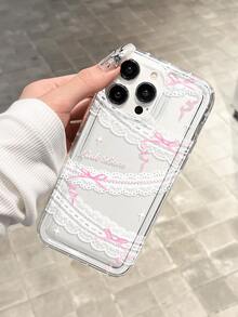 Transparent Lace Pink Bow Phone Case, Raised Large Camera Hole Wear-Resistant Shockproof Phone Case, Sweet Girl Commuter Versatile Style, Compatible With Apple 18 Pro/18 Pro Max/15/15 Pro/15 Plus/15 Pro Max/16/16 Pro/16 Pro Max/17/17 Pro/17 Pro Max/12/12 Pro/12 Mini/13/13 Pro/13 Pro Max/14/14 Plus/14 Pro Max/11, Daily Gift, Back To School Essential, Accessory, Halloween Gift, Christmas Gift, Premium Phone Accessory - Clear - View 3