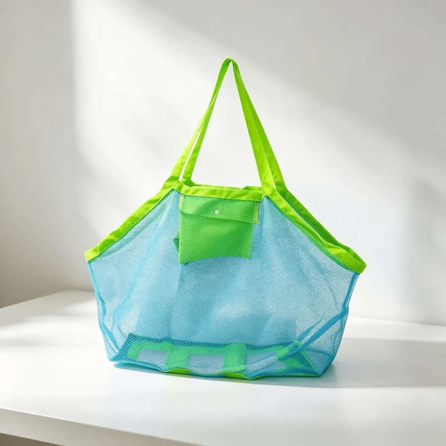 Large Mesh Beach Tote Bag, Blue Mesh Fabric With Green Straps, Zipper Closure, 18 X 12 X 18 Inch, Storage Bag For Sand‑Covered Items, Wet Towels, Pool And Travel Use - View 1
