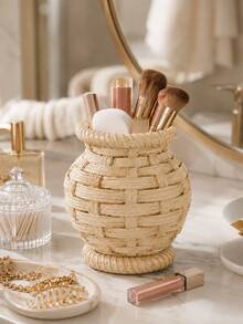 1pc Rattan‑Woven Style Vase Makeup Brush Holder, Boho Imitation Wicker Desk Organizer, Dual‑Purpose Decor Vase For Cosmetic Brushes, Pens, Dried Flowers, Vanity Table Home Desktop Decor,Makeup Organizer,Room Decor - Rattan Makeup Organizer - View 14