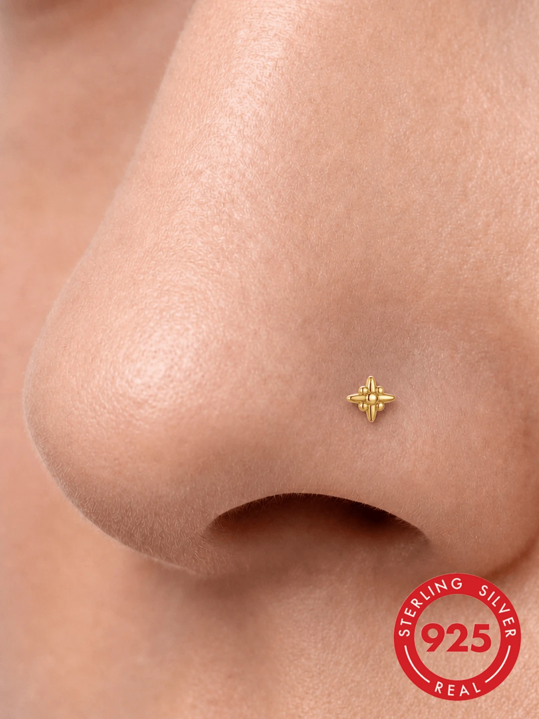 1Pc 925 Sterling Silver Eight-Pointed Star Nose Stud Hypoallergenic Cartilage Body Piercing Jewelry Nose Rings For Women Men Daily Wear & Gifts - Gold - View 1