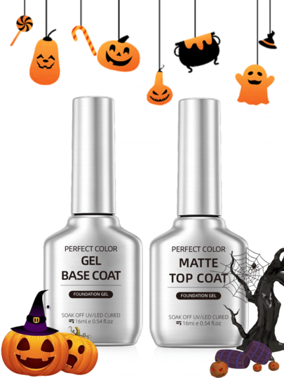 PERFECT COLOR 2pcs 16ml Velvet Matte Nail Kit, Base Coat And Matte Top Coat For Soft Touch Long Lasting UV Gel Finish Suitable For Autumn And Halloween
