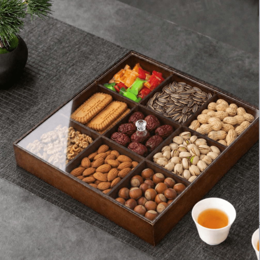 1pc Walnut Wood Multi-Compartment Tray With Lid, Suitable For Snacks, Desserts, Cookies, Appetizers, Multiple Occasions