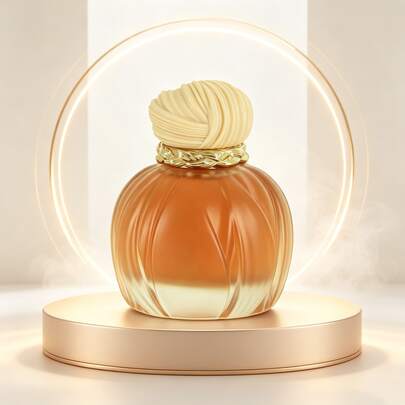 Modern Perfume Spray With A Creamy, Warm Vanilla Note, A Versatile Scent Profile Ranging From Softly Sweet To Deep Balsamic, Elegant Bottle With A Color Gradient And Decorative Gold Braided Trim