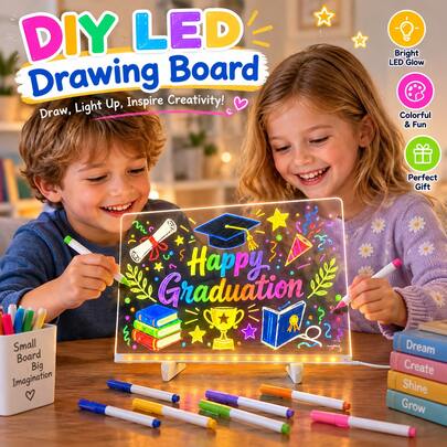Children's DIY Painting Fluorescent Board LED Lighting Acrylic Doodle Board Erasable Reusable Transparent Drawing Tracing Board Practical Educational Toy For Kids Learning To Draw Ideal Back To School Holiday Christmas Halloween Birthday Gift For Boys And Girls
