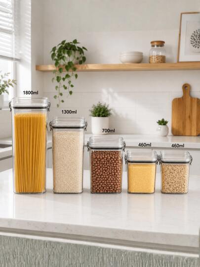 Kit Potes Herméticos Porta Mantimentos Acrílico Cristal Transparente com Tampa Organizador Empilhável para Cozinha Despensa Armário Armazenamento de Cereais Grãos Massas Arroz Feijão Farinha Açúcar Café Biscoitos Temperos e Alimentos