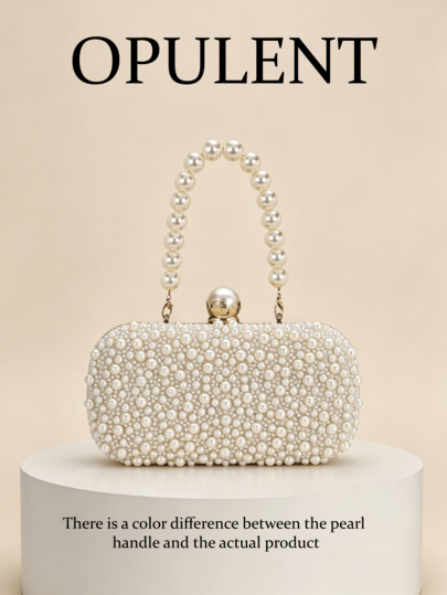 1 pieza Elegante bolso de noche cuadrado de mano con perlas beige, diseño exquisito de cierre con asa de perlas, bolso de mano de lujo elegante, adecuado para boda, banquete, fiesta, baile, combinación de vestido de novia, bolso de mujer de alta gama