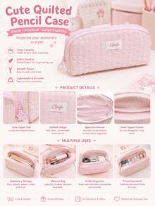 2 Styles Zipper Pencil Case, Vertical Quilted Design, Large Capacity Multi-Layer Zipper Stationery Bag, Soft Padded Makeup Storage Bag, Light Pink Polka Dot Lining, Multiple Storage Pockets, Suitable For School, Office, Travel, New Semester, Can Neatly Store Pens, Rulers, Erasers And Notebooks, Back To School Essential - Multiple Styles - View 3