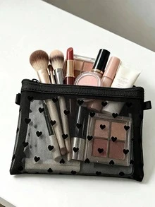 1/2pcs Mini Heart Pattern Mesh Storage Bag, Portable Lipstick And Small Items Organizer, Minimalist Transparent Zipper Makeup Bag (Round Zipper), Multi-Functional Travel Storage Bag/Coin Purse/Jewelry Organizer, Fashionable Back To School Gift - Multicolor - View 1
