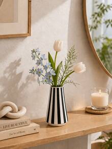 1pc Modern Conical Striped Vase Set, Geometric Textured Decorative Flower Container, Tabletop Ornament For Living Room Entryway Home Decor - Cylinder Stripes - View 4