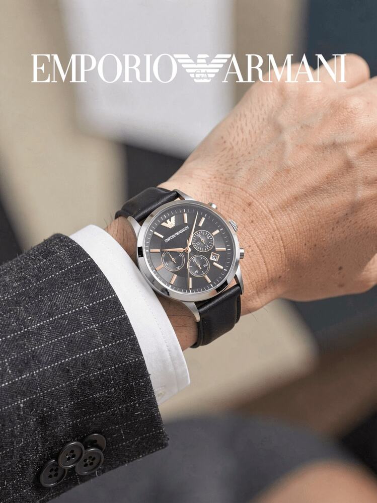 Armani AR11431 男士手錶，銀色圓形錶殼，時尚黑色計時碼錶盤，適合男士商務與休閒風格的個性化配件 - 黑色 - 查看 4