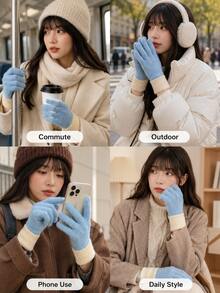 Cozy Colorblock Full-Finger Fuzzy Knit Gloves, Contrast Ribbed Cuffs, Finger Opening Touchscreen Design, Warm Winter Hand Gloves For Women, Daily Commute, Outdoor Walking, Travel, Christmas Parties, Holiday Gifts, Cold Weather Styling Looks - Multicolor - View 10