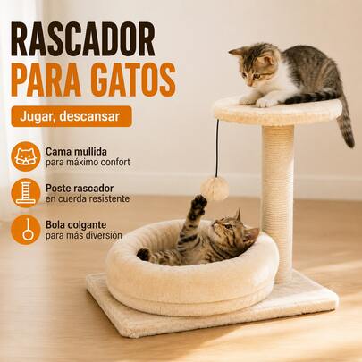 PAWDLE Arranhador para Gatos com Cama, Árvore para Arranhar Compacta com Poste de Sisal, Plataforma Superior e Bola Pendurada, Centro de Atividades para Gatos de Interior, Cama para Arranhar, Brincar e Descansar, Móvel para Gatos Pequenos, 46 * 30,5 * 37 cm, Creme, Bege, Branco