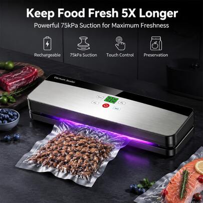 Máquina selladora al vacío, dispositivo para sellar alimentos, envasadora al vacío, con tubo de succión externo, incluye 30 bolsas con relieve, esterilización ultravioleta para mantener los alimentos frescos, diseño portátil y compacto, para el almacenamiento y conservación de alimentos en el hogar.