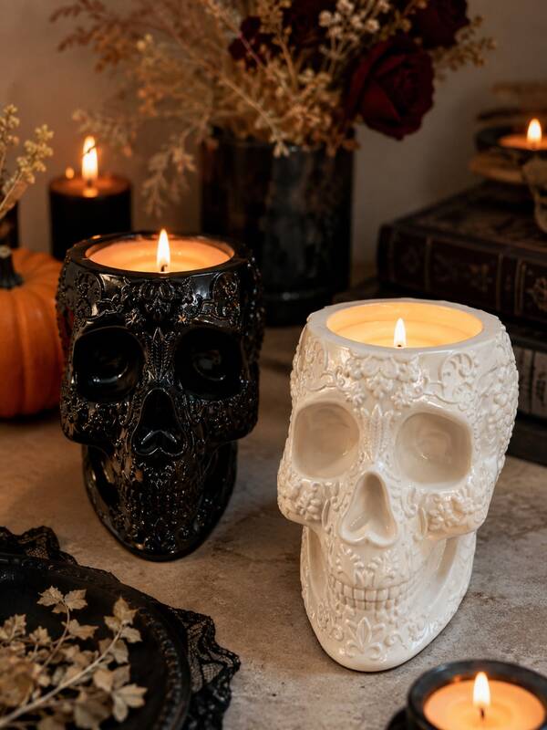 1pc/2pcs Sugar Skull Candle Holder, Black White Floral Embossed Ske Tealight Candlestick, Gothic Halloween Table Decor, Ornate Skull Candleholder For Shelf Mantel Party Home Decoration
