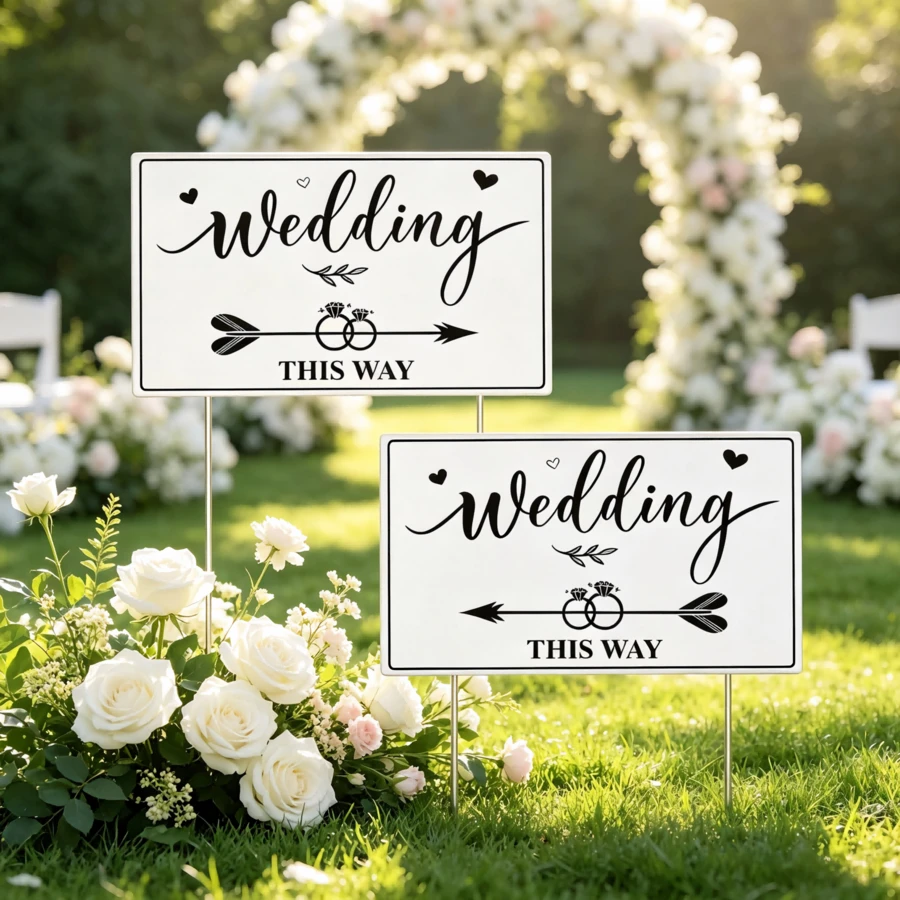 2/1pc Double-Sided Wedding Directional Sign With Ground Stake, Corrugated Plastic Wedding Yard Sign, Wedding Arrow Sign, Wedding Decoration (14.2 X 8.5 Inches) - Multi-color - View 1