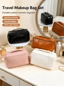 Portable Handheld Makeup Travel Bag, Multi-Layer Compartment PU Toiletry Storage Bag, Large Capacity Pillow-Style Cosmetic Organizer - Multicolor - View 2