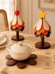 1 Set 5pcs 15cm Solid Wood Folding Heat-Insulating Mats With Storage Rack, Apple/Star Topper Christmas Tree Shaped Table Pot Mats, Creative Desktop Home Decor Christmas New Year Gift - View 5