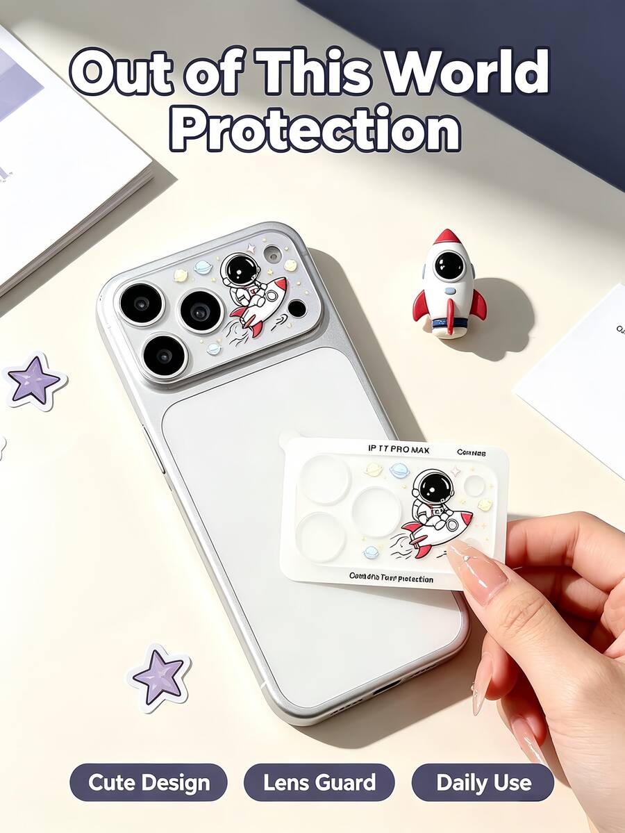 1pc Cute Astronaut Rocket Space Pattern 9H Hardness Camera Lens Protector Film Stylish Full‑Wrap Lens Compatible With IPhone 18 17 Pro Max Accessories Back Lens Anti Fall Explosion Proof Bubble Free Automatic Adsorption Easy Installation Scratch-Resistant Protector Film Accessories Compatible Phone Case.