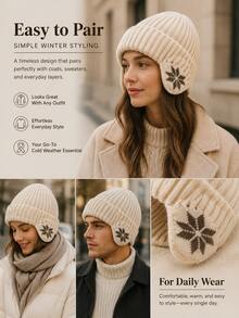 Vintage Ribbed Knit Beanie Hat With Snowflake Earflap Design, Unisex Warm Winter Knitted Cap, Casual Earflap Cold Weather Hat, Suitable For Outdoor Walking, Travel, Commuting, Autumn/Winter Hat Accessory - Multicolor - View 8