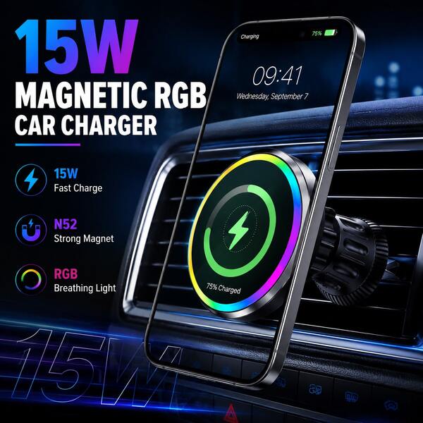 1 pieza Cargador inalámbrico para coche de 15W | Soporte magnético para teléfono de coche, apto para salpicadero y rejilla de ventilación, manos libres, carga rápida para series 17/16/15/14/13/12, soporte ajustable, interfaz USB Tipo-C, compatibilidad universal