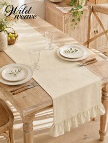 1pc Table Runner, Washed Wrinkled, Simple Pastoral Style. Polyester Material Rectangular Tablecloth With Scalloped Edge, Suitable For Dining Room, Public Holidays And Daily Decoration. - Beige - View 1