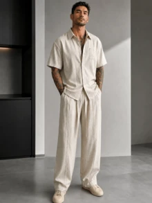 Blueprint Man Men's 2-Piece Set, Apricot Linen-Like Dropped Shoulder Short Sleeve Shirt + Long Pants, Drawstring Waist Design, Comfortable Soft Textured Fabric, Durable And Resistant To Deformation, Casual Fashion Minimalist Old Money Style, Suitable For Daily Commute And Vacation - Apricot - View 4