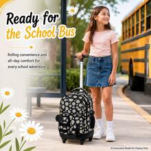 3pcs/Set Girls Daisy Print Pom Pom Pendant Durable Oxford Cloth Rolling Luggage Bag With Adjustable Shoulder Strap Zipper Closure Sweet Student Backpack Set, Suitable For School And Travel - Single Pull Rod, Three Front Pockets, Daisy - View 11