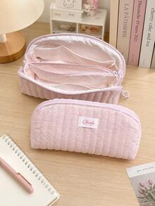 2 Styles Zipper Pencil Case, Vertical Quilted Design, Large Capacity Multi-Layer Zipper Stationery Bag, Soft Padded Makeup Storage Bag, Light Pink Polka Dot Lining, Multiple Storage Pockets, Suitable For School, Office, Travel, New Semester, Can Neatly Store Pens, Rulers, Erasers And Notebooks, Back To School Essential - Multiple Styles - View 2