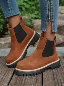 Women Platform Lug Sole Chelsea Boots,Faux Suede Elastic Side Slip‑On Ankle Booties,Ankle Booties,Daily Fashion Fall Winter Ankle Boots,Mid‑Calf Boots - Brown - View 6