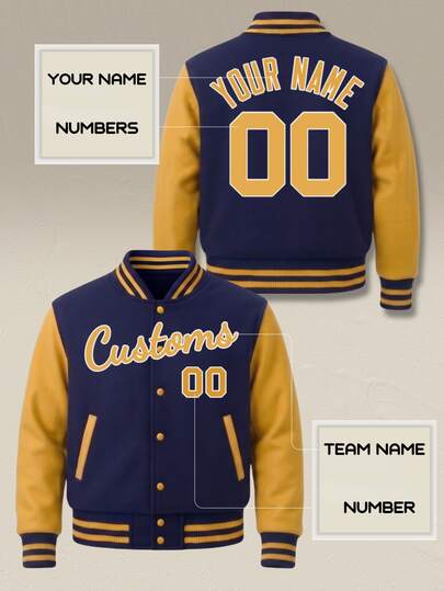 Custom Men Baseball Jacket Personalized Team Name Number Navy Gold Varsity Letterman Coat Button Up Retro Casual Outwear