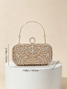 1pc Luxurious Rhinestone Floral Evening Clutch, Exquisite Full Rhinestone Heavy Craftsmanship, With Handle Ring For Crossbody Wear, Wedding Banquet Party Dress Matching, Light Luxury High-End Women's Evening Bag - Gold - View 3