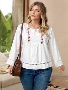 Women's Plus Size Long Sleeve Blouse, Lace Patchwork Round Neck Embroidered Top - White - View 1