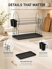 2-Tier Black Metal Rust-Resistant Dish Drying Rack With Side Cup Holder, Removable Utensil Caddy And Drain Tray, Space-Saving Kitchen Counter Organizer For Plates, Bowls, Glasses And Cutlery - Multicolor - View 2