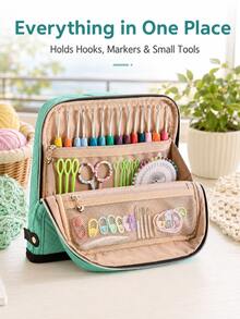 Multifunctional Crochet Hook Carrying Bag, Large Capacity Quilted Knit Needle Storage Pouch, Portable Zipper Handheld Organizer With Multiple Elastic Slots And Mesh Pockets, Suitable For Storing Various Crochet Hooks And Sewing Accessories, Ideal For Travel And Home Use - C-Multicolor Set - View 8