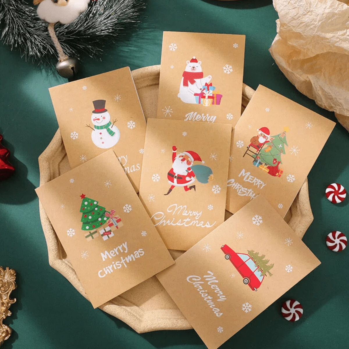 Christmas Greeting Card Set, Kraft Paper Christmas Cards, Featuring Santa Claus, Snowman, Reindeer, Christmas Tree Patterns, Holiday Gift Cards, Suitable For Gifts And Party Favors (Includes Envelopes + Stickers) - View 1