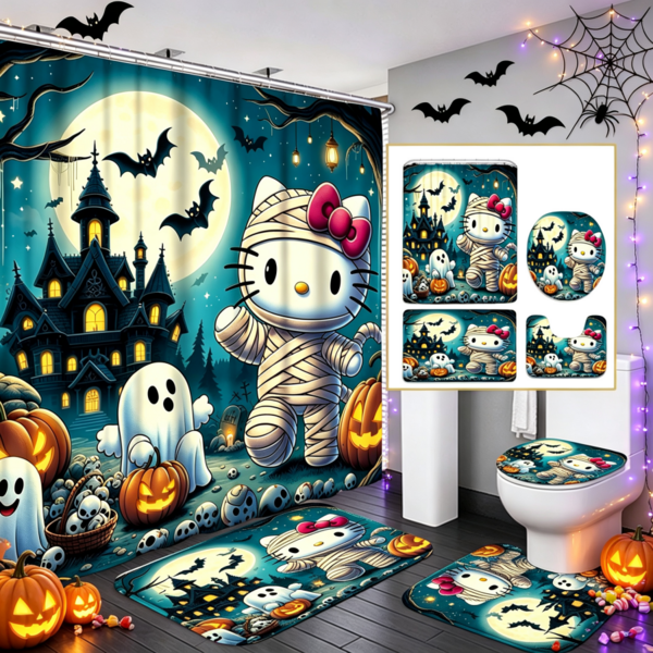 SANRIO 4-Piece Blue-Green Halloween Hello Kitty Bathroom Shower Curtain Set - Includes Waterproof Polyester Material (Mummy Hello Kitty Pattern) Shower Curtain, Non-Slip Bath Mat, U-Shaped Rug And Toilet Lid Cover; Pattern Features Spooky Haunted House, Full Moon, Bats, Ghosts, Jack-O'-Lanterns, Skeletons And Tombstones; Suitable For Halloween Home Decor, Also A Great Holiday Or Housewarming Gift For Girls, Teens And Women.