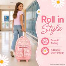 3pcs/Set Girls Daisy Print Pom Pom Pendant Durable Oxford Cloth Rolling Luggage Bag With Adjustable Shoulder Strap Zipper Closure Sweet Student Backpack Set, Suitable For School And Travel - Single Pull Rod, Three Front Pockets, Daisy - View 2