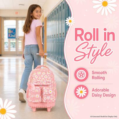 3pcs/Set Girls Daisy Print Pom Pom Pendant Durable Oxford Cloth Rolling Luggage Bag With Adjustable Shoulder Strap Zipper Closure Sweet Student Backpack Set, Suitable For School And Travel