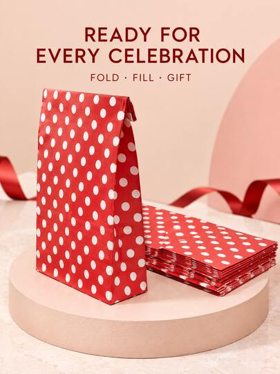 6pcs Red Polka Dot Reusable Gift Paper Bags, Birthday Party Decorative Snack Gift Bags, Holiday Party Small Gift Packaging Bags, Foldable Party Supplies Bags