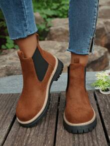 Women Platform Lug Sole Chelsea Boots,Faux Suede Elastic Side Slip‑On Ankle Booties,Ankle Booties,Daily Fashion Fall Winter Ankle Boots,Mid‑Calf Boots - Brown - View 3