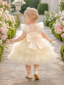 Baby Girl Princess Dress With Flutter Sleeves And Puff Skirt, Flower Girl Outfit For Evening Party, 1st Birthday, Baptism - Champagne - View 1