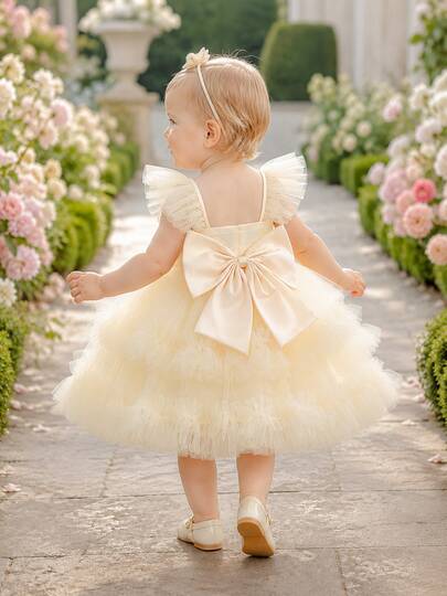 Baby Girl Princess Dress With Flutter Sleeves And Puff Skirt, Flower Girl Outfit For Evening Party, 1st Birthday, Baptism