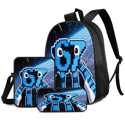 1PC/2PCS/3PCS Backpack, Shoulder Bag And Storage Bag, Blue Pixel Style Alien Creature Pattern With Starry Sky And Spaceship Background, Suitable For Office Workers Or Tech Enthusiasts For Daily Commute, Study And Travel